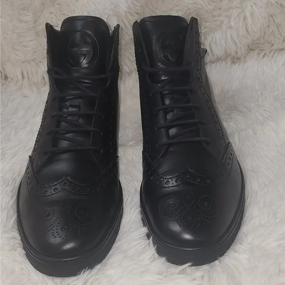gucci black leather Laceup sneakers, with GG logo and cherry line on the side.